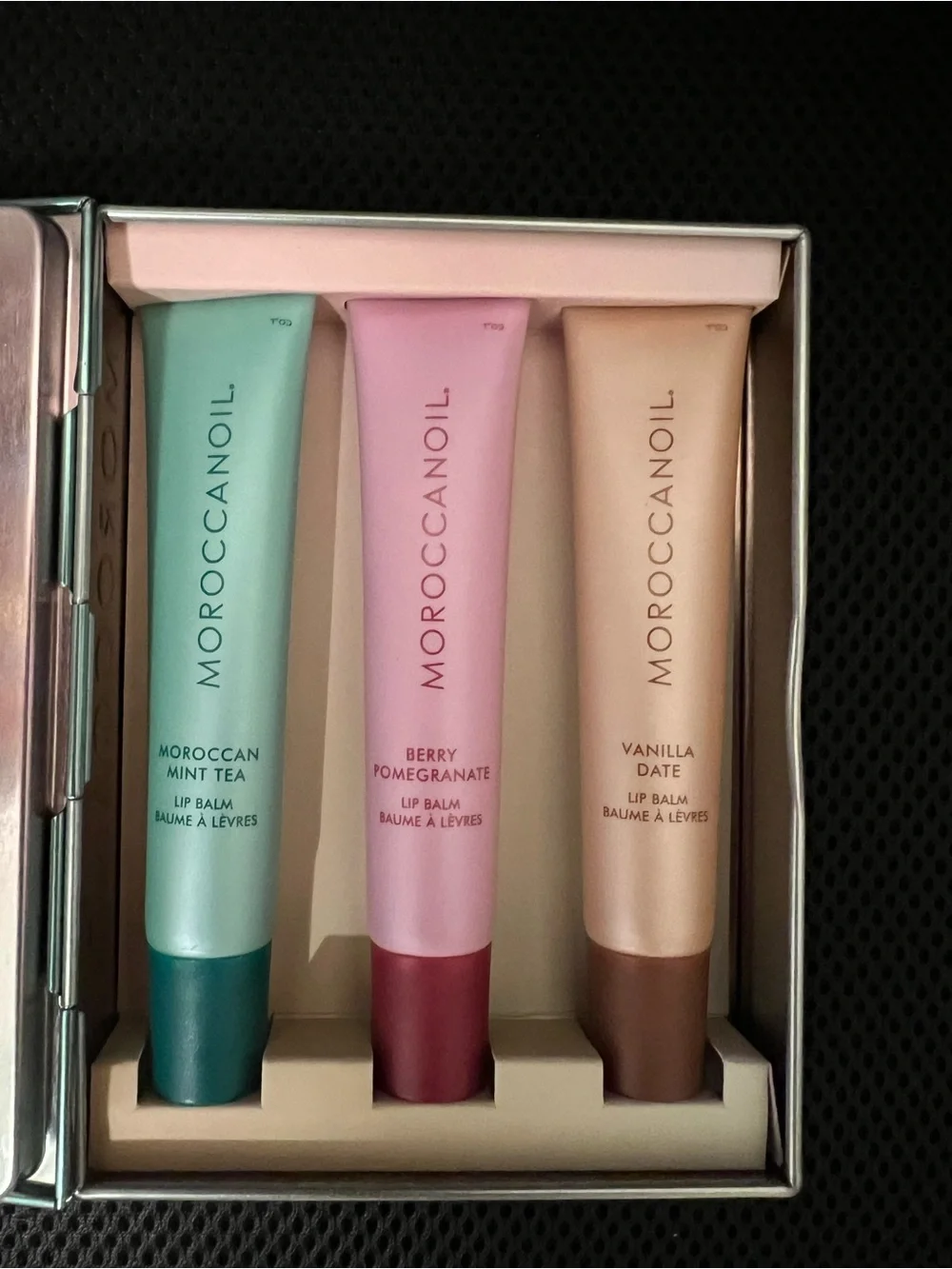 Moroccanoil Lip Balm Trio — Mint Green, Soft Pink, Warm Cream